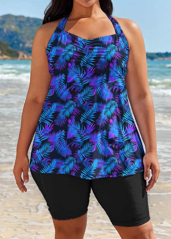 Purple Plants Print Square Neck Flowy Modest Plus Size Tankini Swimsuit Top