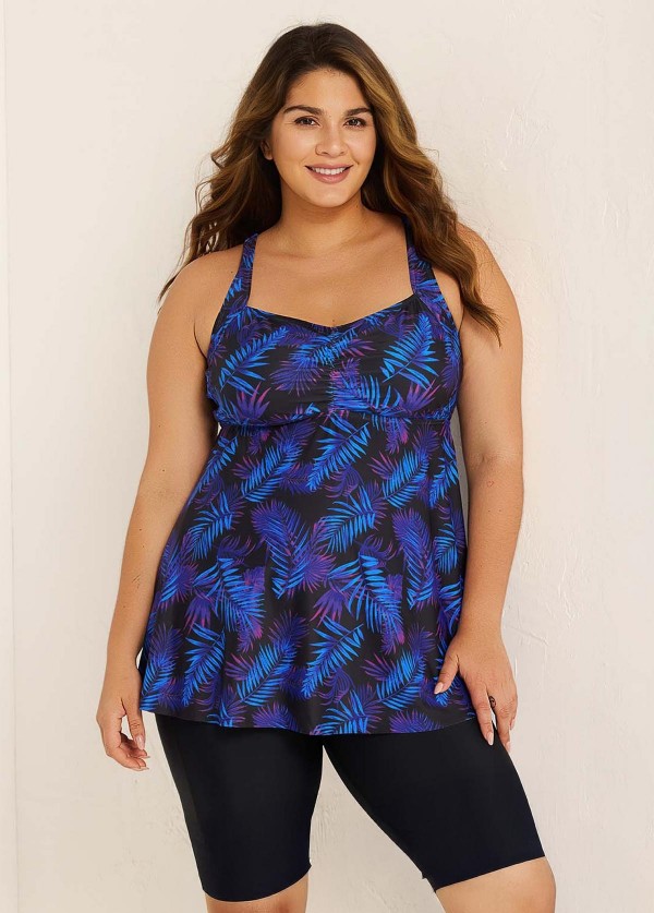 Purple Plants Print Square Neck Flowy Modest Plus Size Tankini Swimsuit Top