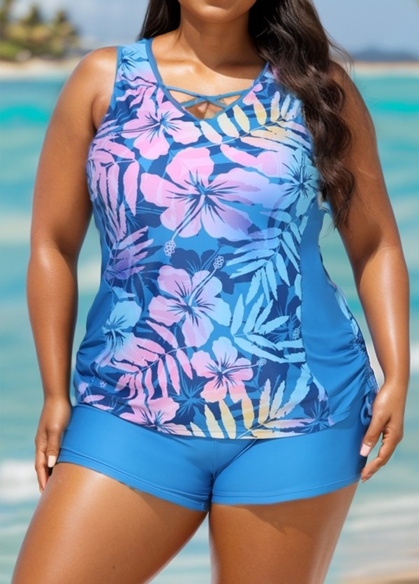 Chic Floral Light Blue Criss-Cross Tankini Set with Side Drawstrings