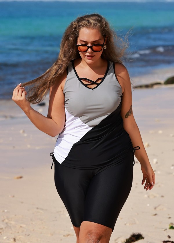 Lace Patchwork Drawstring Black Modest Tankini Top