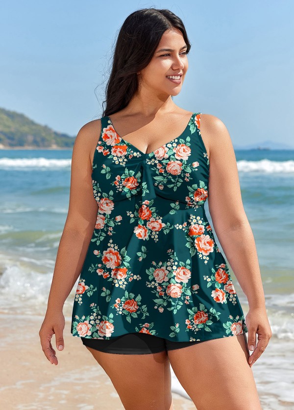 Green Floral Modest And Designer Plus Size Swimsuit Swimwear Tankini Top