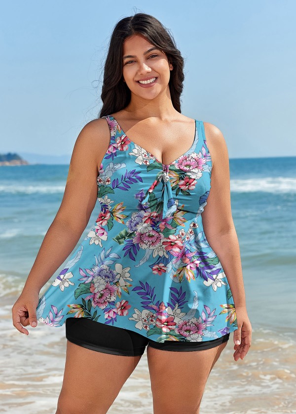 Blue Floral Modest And Designer Curvy Swimwear Bathing Suits Tankini Top