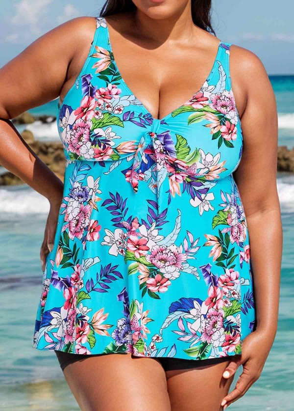 Blue Floral Modest And Designer Curvy Swimwear Bathing Suits Tankini Top