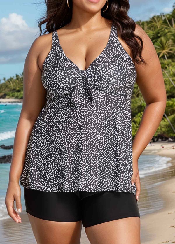 Plus Size Black Polka Dot Print Modest Swimsuits Tankini Top