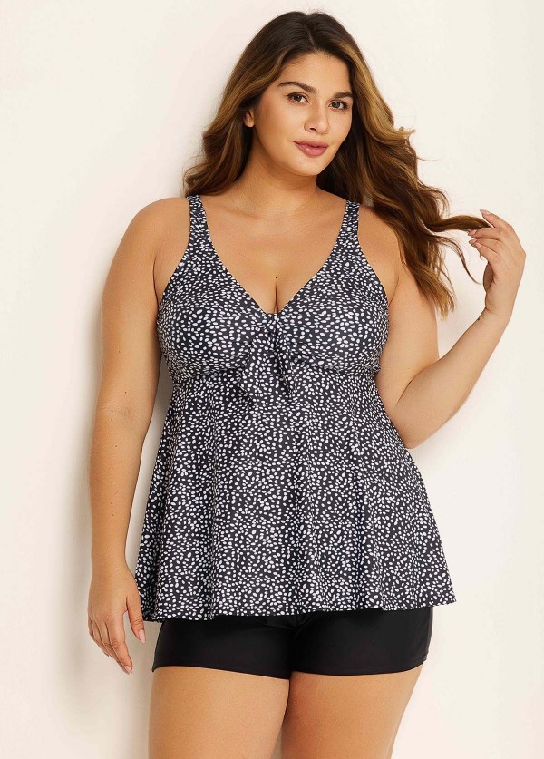 Plus Size Black Polka Dot Print Modest Swimsuits Tankini Top