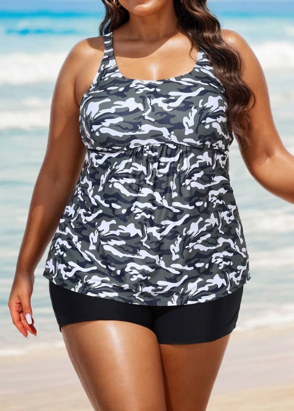 Plus Size Camo Scoop Neck Adjustable Straps Women Tankini Set