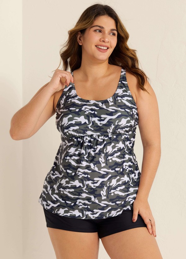 Plus Size Camo Scoop Neck Adjustable Straps Women Tankini Set