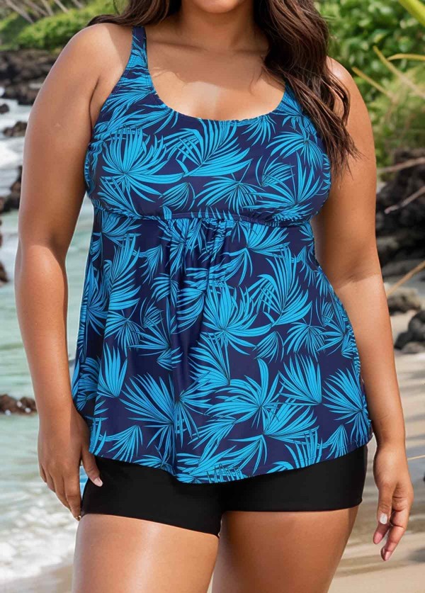 Blue Plants Adjustable Straps Modest Plus Size Tankini Swimsuit Top