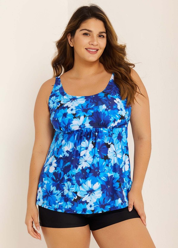 Curvy Blue Floral Modest Retro Swimsuit And Swimwear Tankini Top