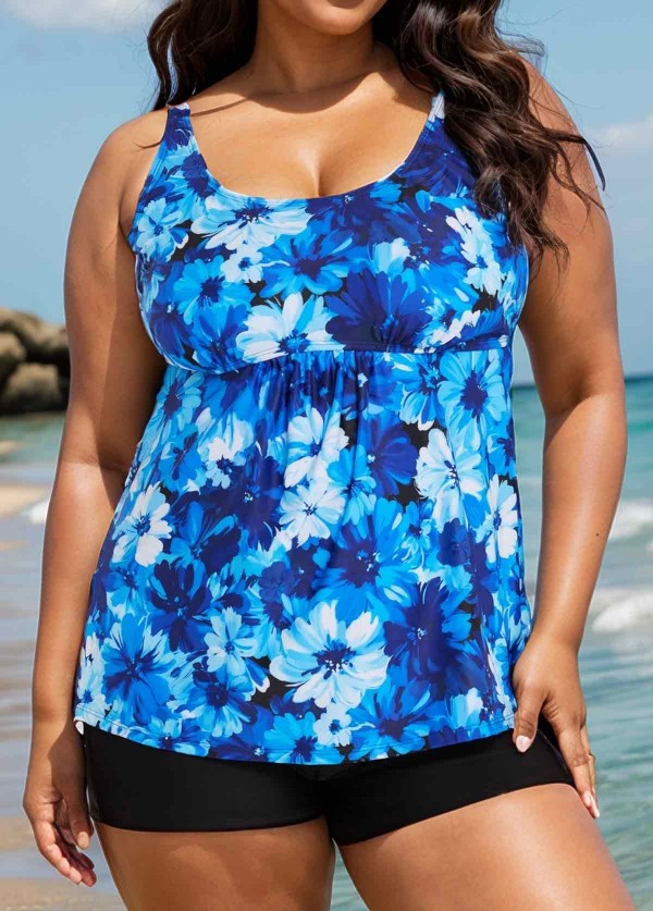 Curvy Blue Floral Modest Retro Swimsuit And Swimwear Tankini Top