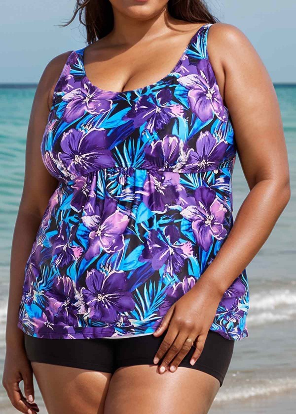 Plus Size Purple Floral Modest Swim Suits For Ladies Tankini Top