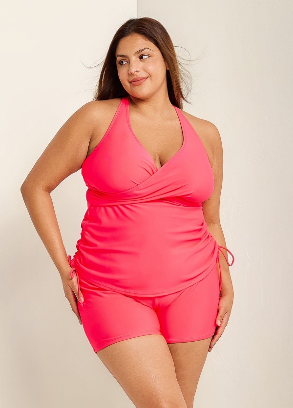 Drawstring Stylish Pink Twisted Front Women Tankini Set