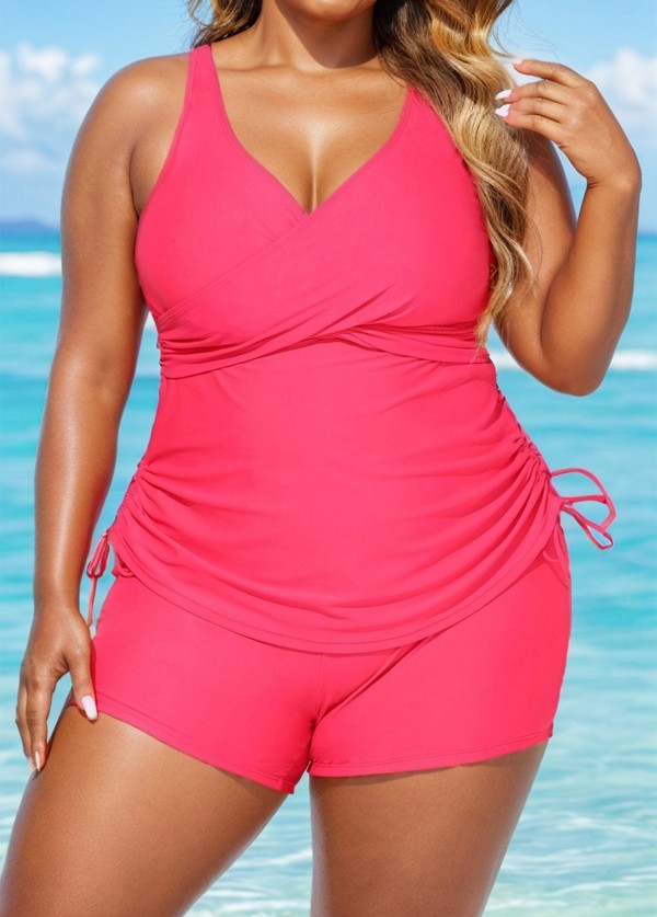 Drawstring Stylish Pink Twisted Front Women Tankini Set