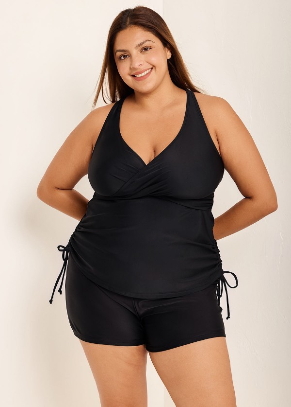 Drawstring Stylish Black Twisted Front Women Tankini Set