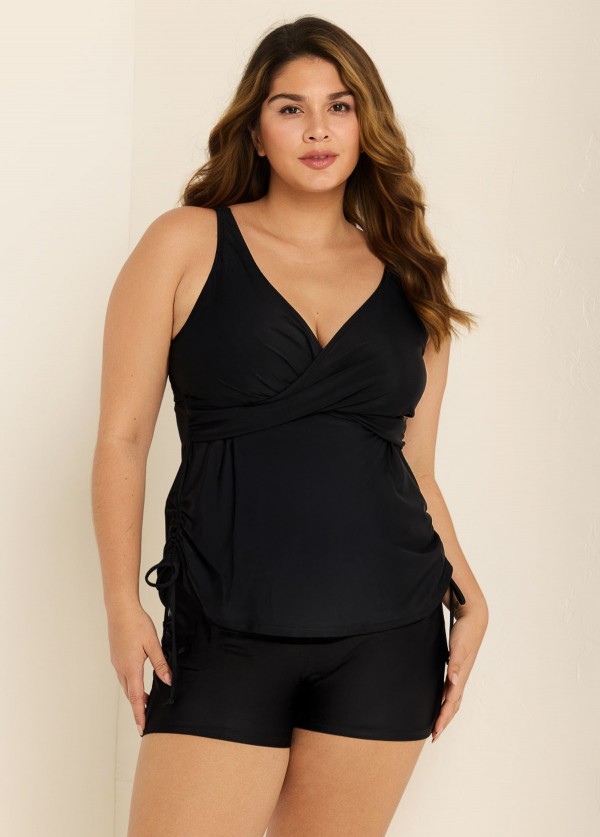 Drawstring Stylish Black Twisted Front Women Tankini Set