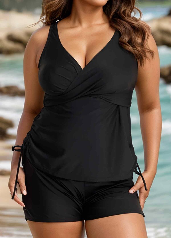Drawstring Stylish Black Twisted Front Women Tankini Set