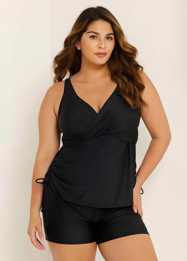 Drawstring Stylish Black Twisted Front Women Tankini Set