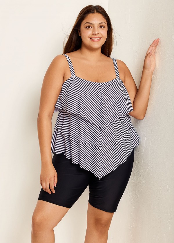 Striped Layered Pullover Style Casual Tankini Top