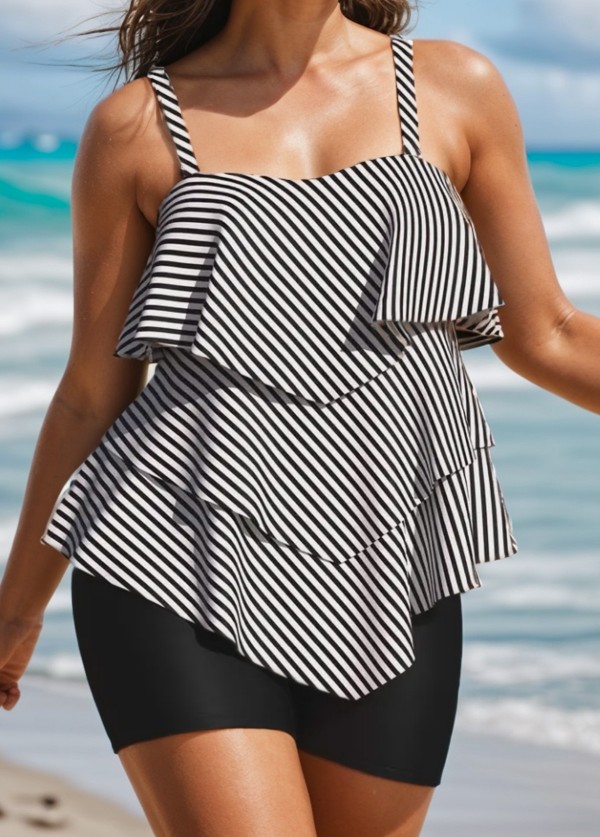 Striped Layered Pullover Style Casual Tankini Top