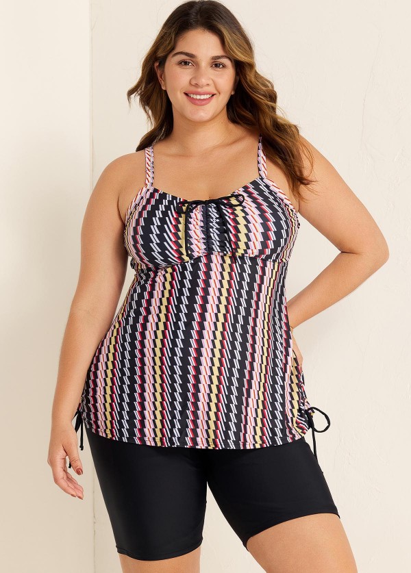 Plus Size Vintage Geometric Print Drawstring Tankini Top