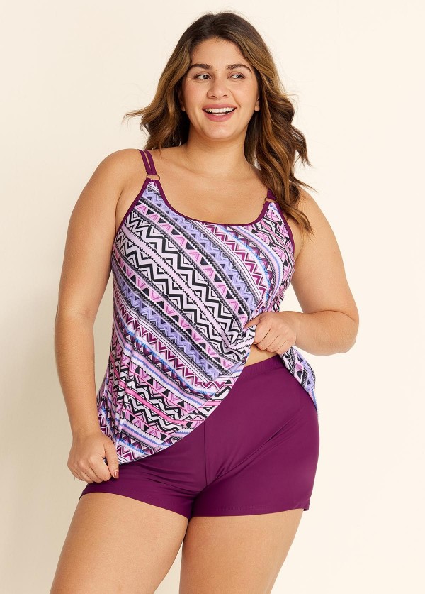 Plus Size Romantic Purple Geometric Casual Tankini Set