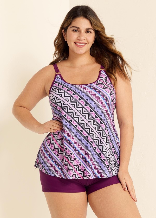 Plus Size Romantic Purple Geometric Casual Tankini Set