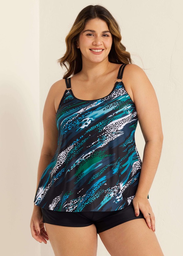 Circular Ring Double Straps Mid Waist Green Casual Tankini Set