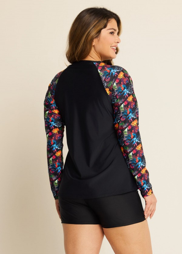 Black Leaf Print Long Sleeve Plus Size Swimsuit Swimwear Tankini Top