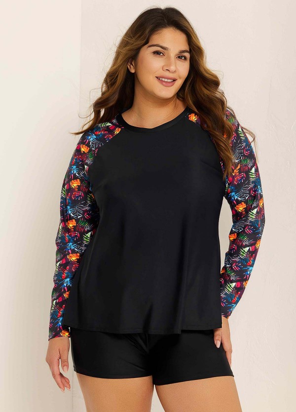 Black Leaf Print Long Sleeve Plus Size Swimsuit Swimwear Tankini Top