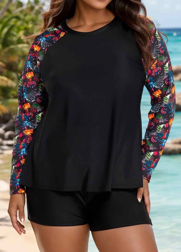Black Leaf Print Long Sleeve Plus Size Swimsuit Swimwear Tankini Top