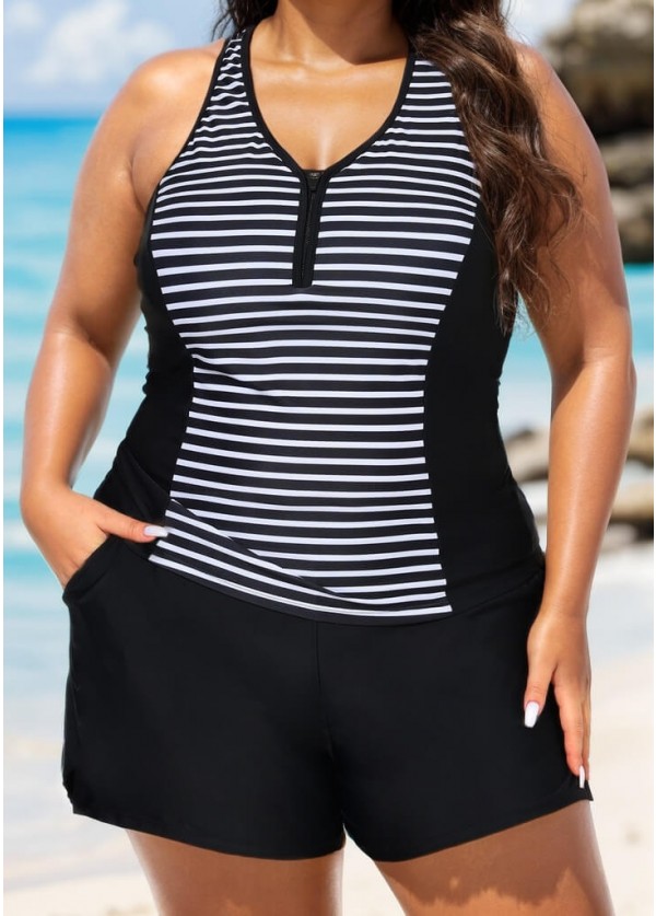 Black Striped Zip-Up Sporty With Pocket Rash Guard Tankini Set