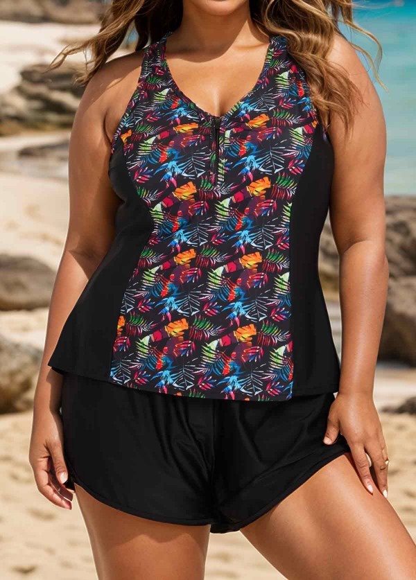Plus Size Black Leaf Print Zipper Swimsuit And Swimwear Tankini Top