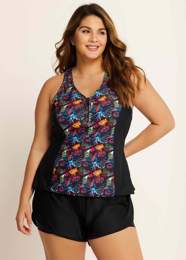 Plus Size Black Leaf Print Zipper Swimsuit And Swimwear Tankini Top