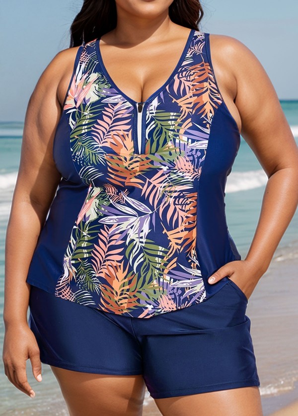 Curvy Navy Leaf Print Zipper Swimsuit And Swimwear Tankini Top
