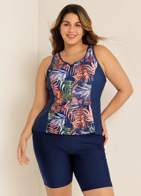 Curvy Navy Leaf Print Zipper Swimsuit And Swimwear Tankini Top