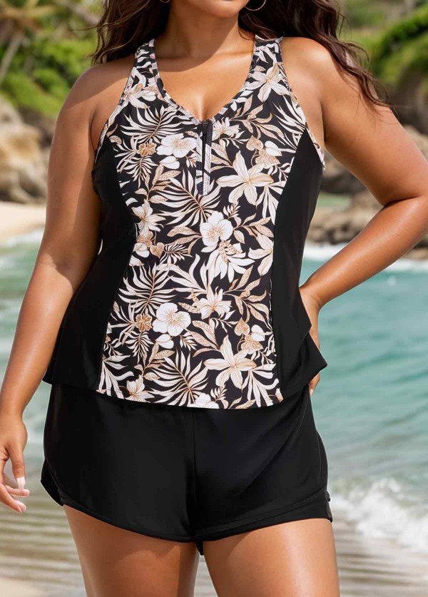 White Floral Zipper Curvy Swimwear Bathing Suits Tankini Top