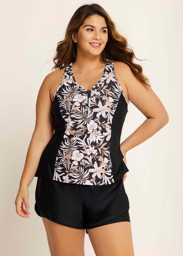 White Floral Zipper Curvy Swimwear Bathing Suits Tankini Top