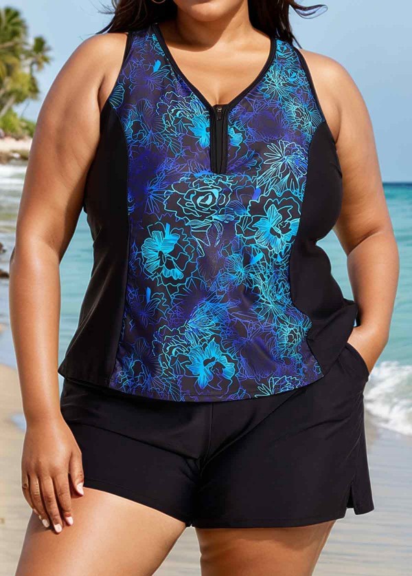 Plus Size Blue Floral Zipper And Color Block Swimsuits Tankini Top