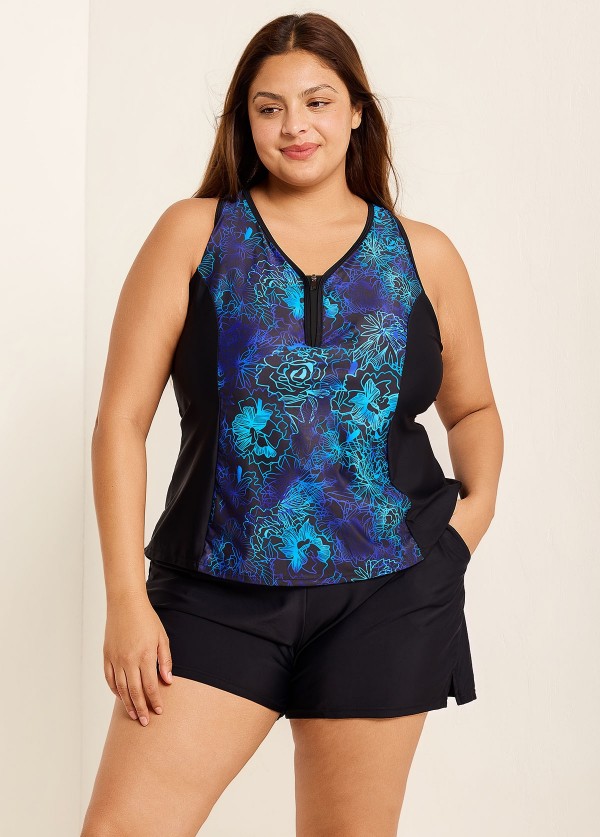 Plus Size Blue Floral Zipper And Color Block Swimsuits Tankini Top