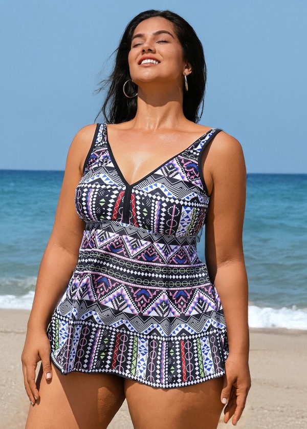 Charming Plus Size Ethnic Print V-neck Tankini Top