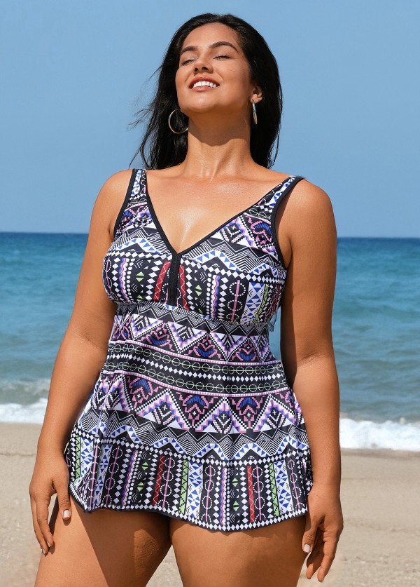 Charming Plus Size Ethnic Print V-neck Tankini Top