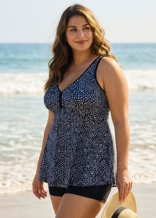 Curvy Black Polka Dot Print Modest Swimsuit And Swimwear Tankini Top