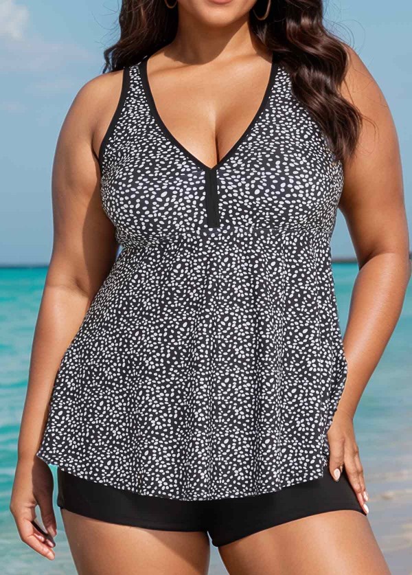 Curvy Black Polka Dot Print Modest Swimsuit And Swimwear Tankini Top