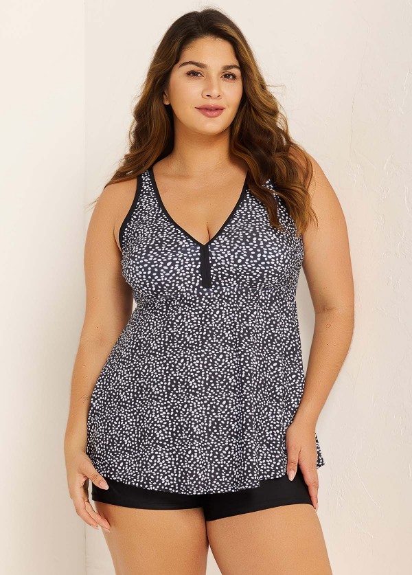 Curvy Black Polka Dot Print Modest Swimsuit And Swimwear Tankini Top