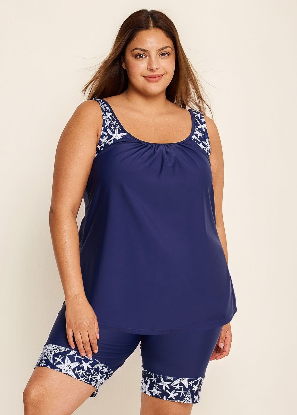 Plus Size Navy Graphic Print Round Neck Tankini Set