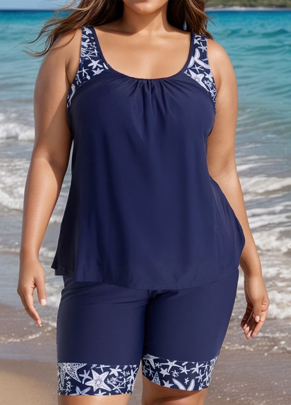 Plus Size Navy Graphic Print Round Neck Tankini Set