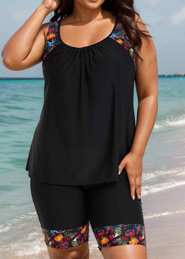 Black Plants Print Round Neck Plus Size Modest Tankini Set