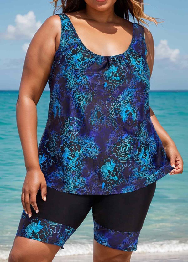 Curvy Blue Floral Modest And Sporty Swimsuit And Swimwear Tankini Set