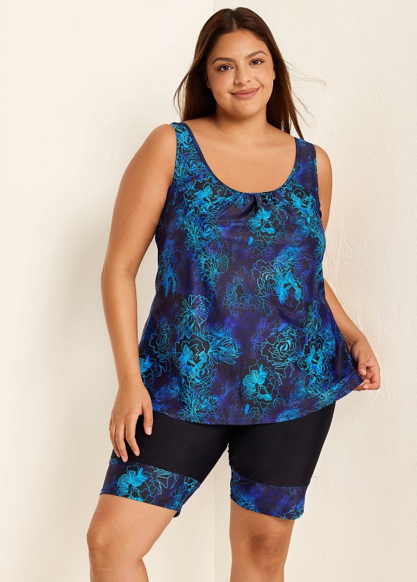 Curvy Blue Floral Modest And Sporty Swimsuit And Swimwear Tankini Set