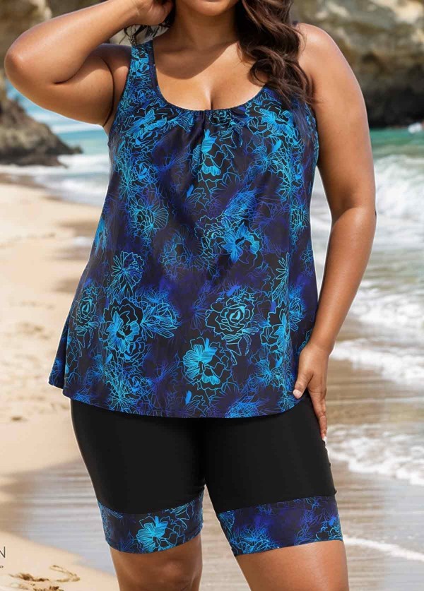 Curvy Blue Floral Modest And Sporty Swimsuit And Swimwear Tankini Set